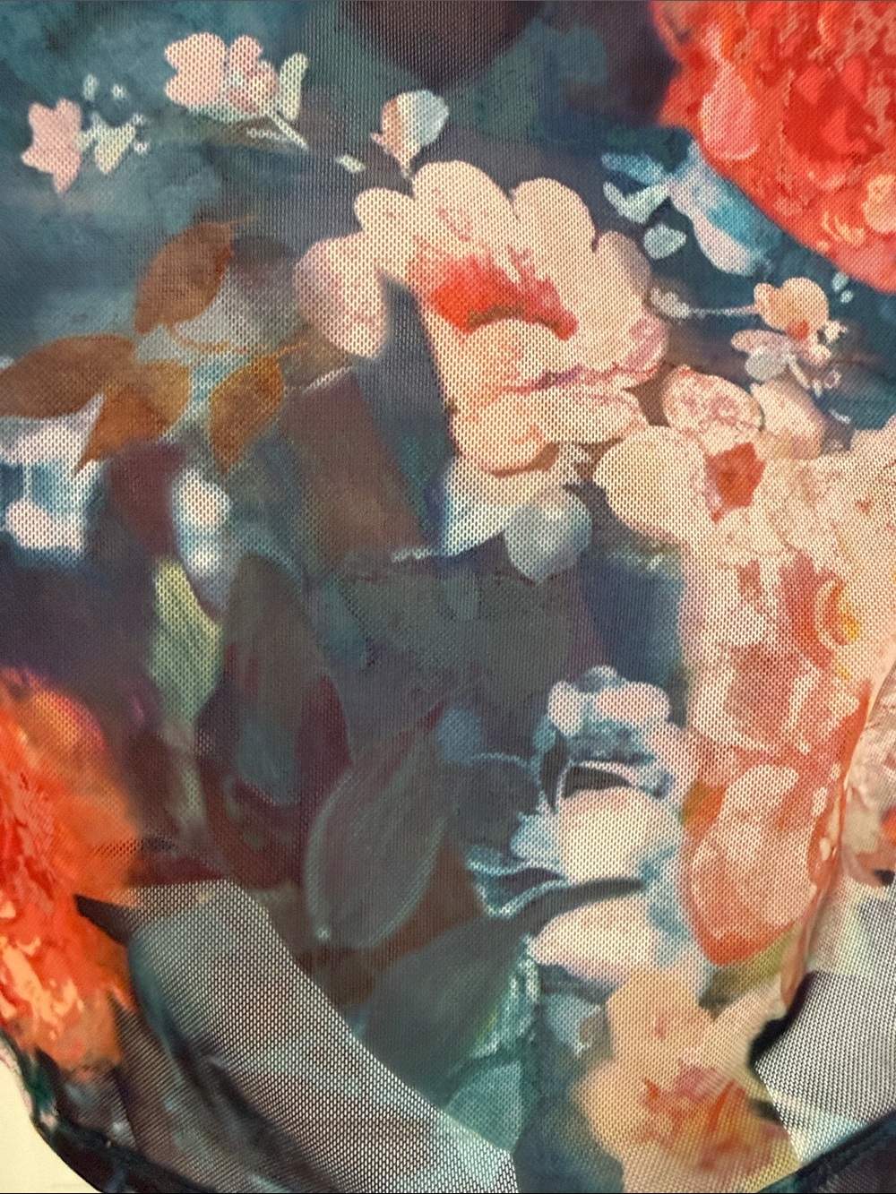 Anthropologie Navy Floral Sheer Mock Neck Tee with Coral Blooms - Picture 3 of 5